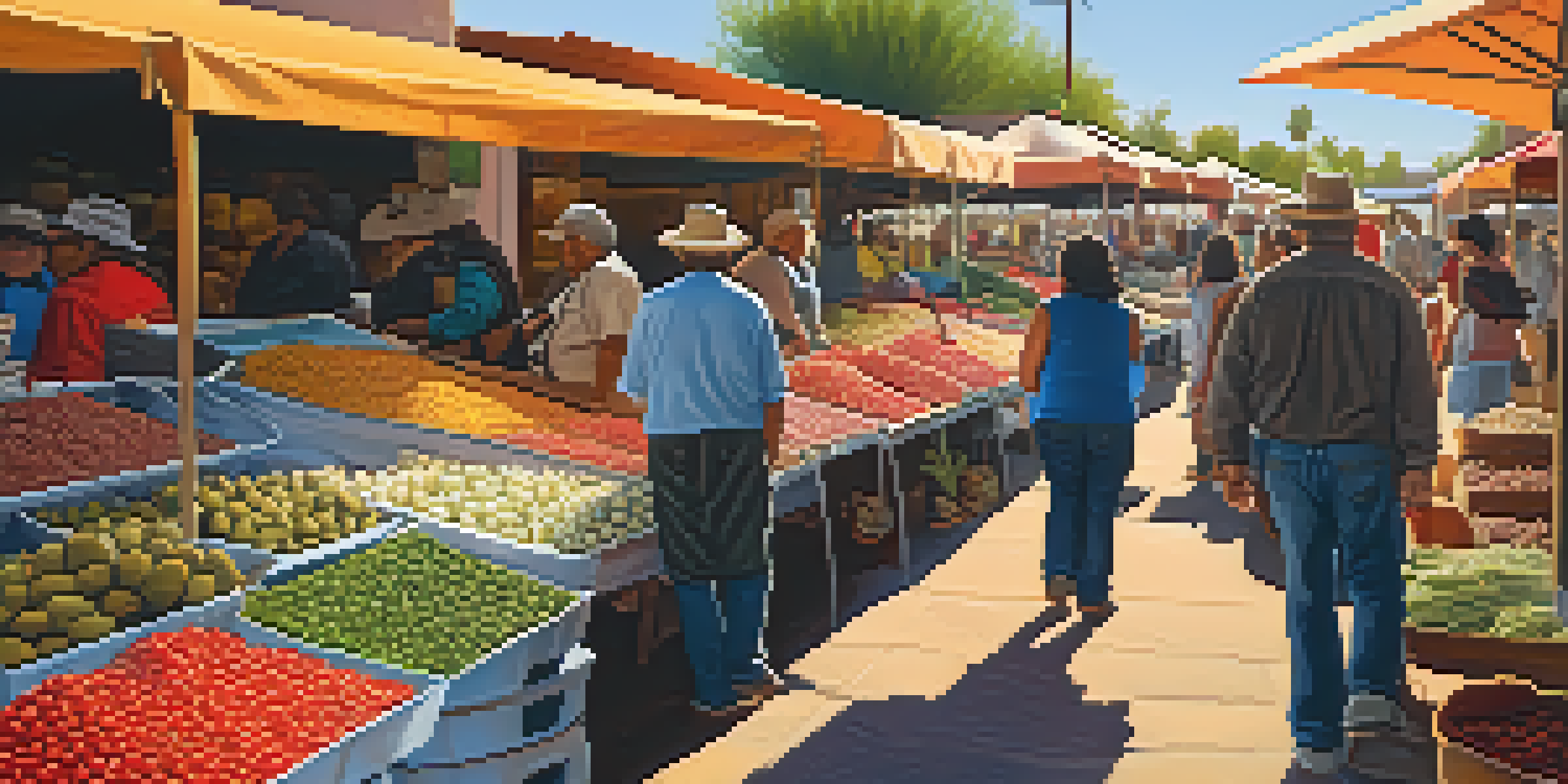 A lively market in Tucson with colorful stalls of fresh produce and people interacting under warm sunlight.