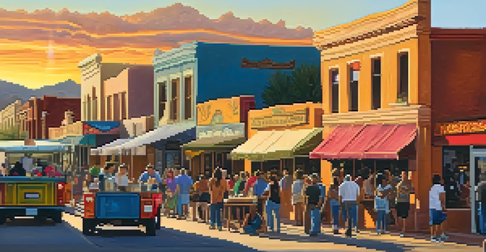 A lively street scene in Tucson with colorful murals and diverse people enjoying local food, set against a sunset.