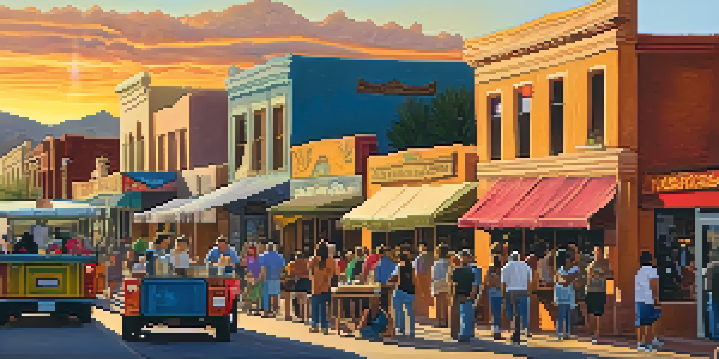 A lively street scene in Tucson with colorful murals and diverse people enjoying local food, set against a sunset.