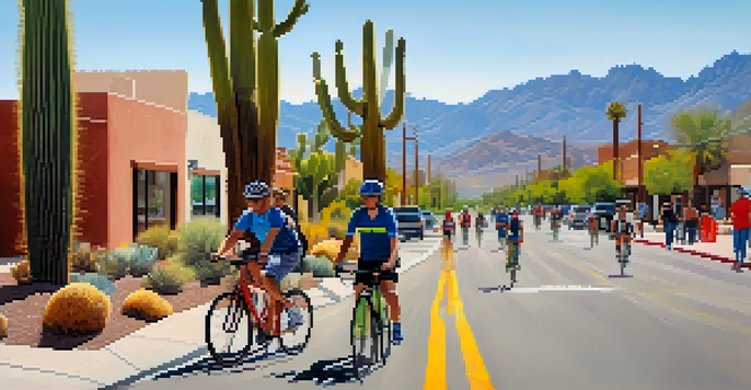 A lively street in Tucson with cyclists riding in a bike lane, surrounded by desert scenery and cacti, under a clear blue sky.