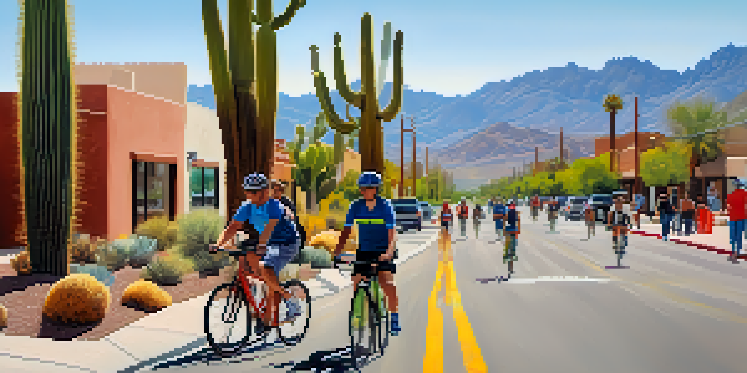 A lively street in Tucson with cyclists riding in a bike lane, surrounded by desert scenery and cacti, under a clear blue sky.