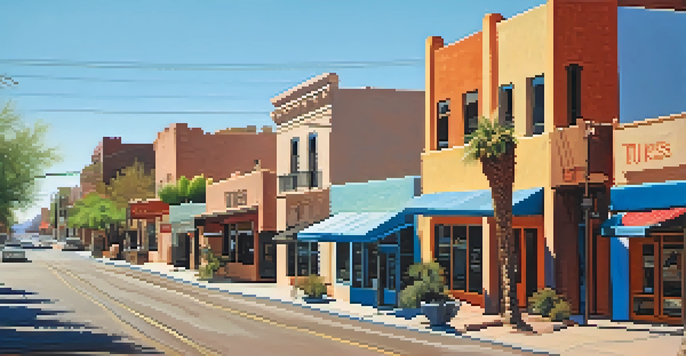 A scenic view of Tucson's historic downtown with adobe and mid-century modern buildings under a blue sky, illuminated by sunlight.