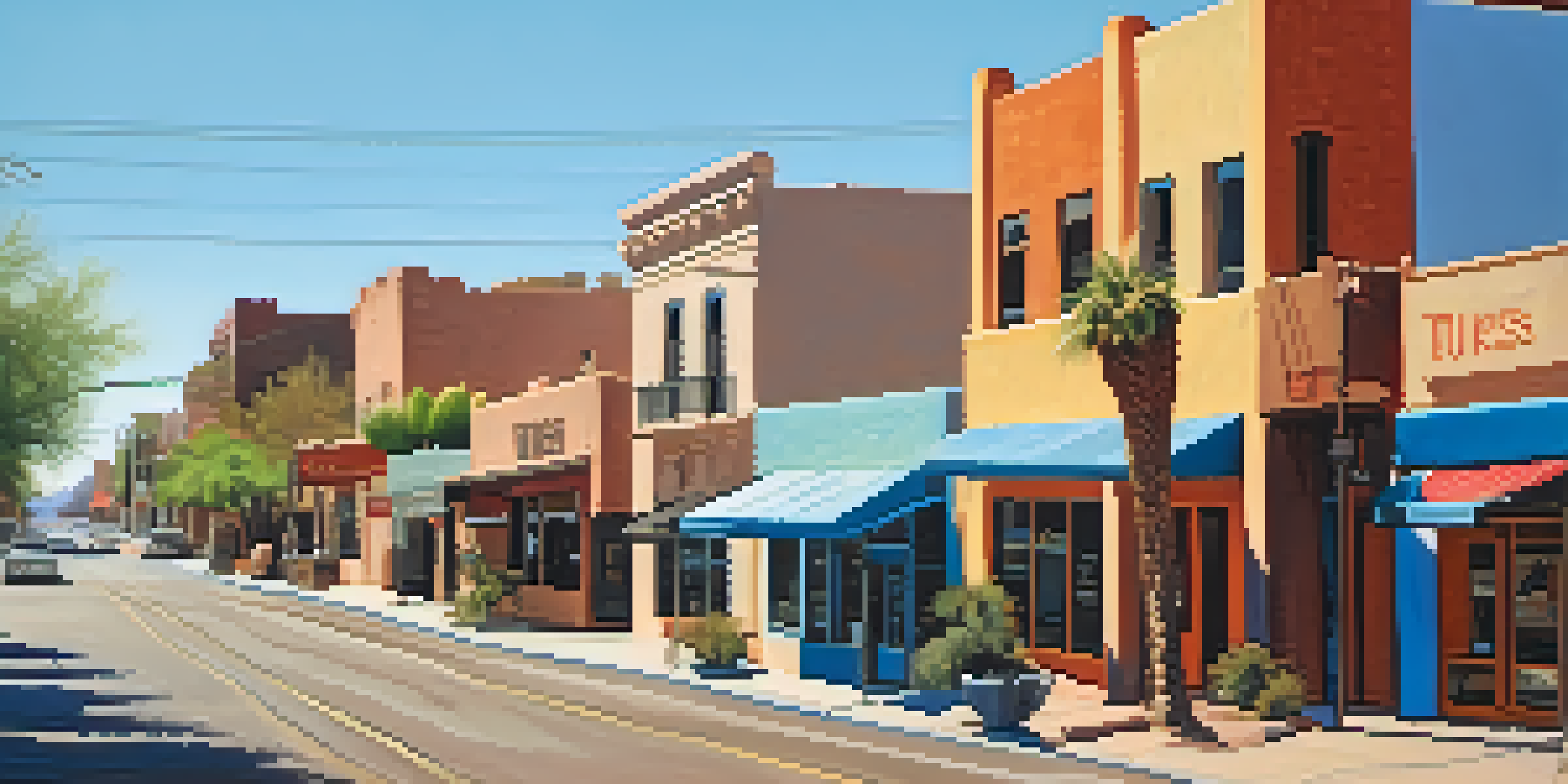 A scenic view of Tucson's historic downtown with adobe and mid-century modern buildings under a blue sky, illuminated by sunlight.