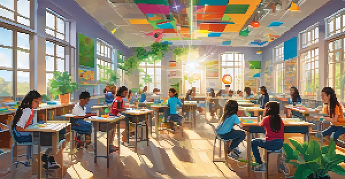 A classroom filled with diverse students working together on a STEM project, with sunlight streaming in and educational materials around.
