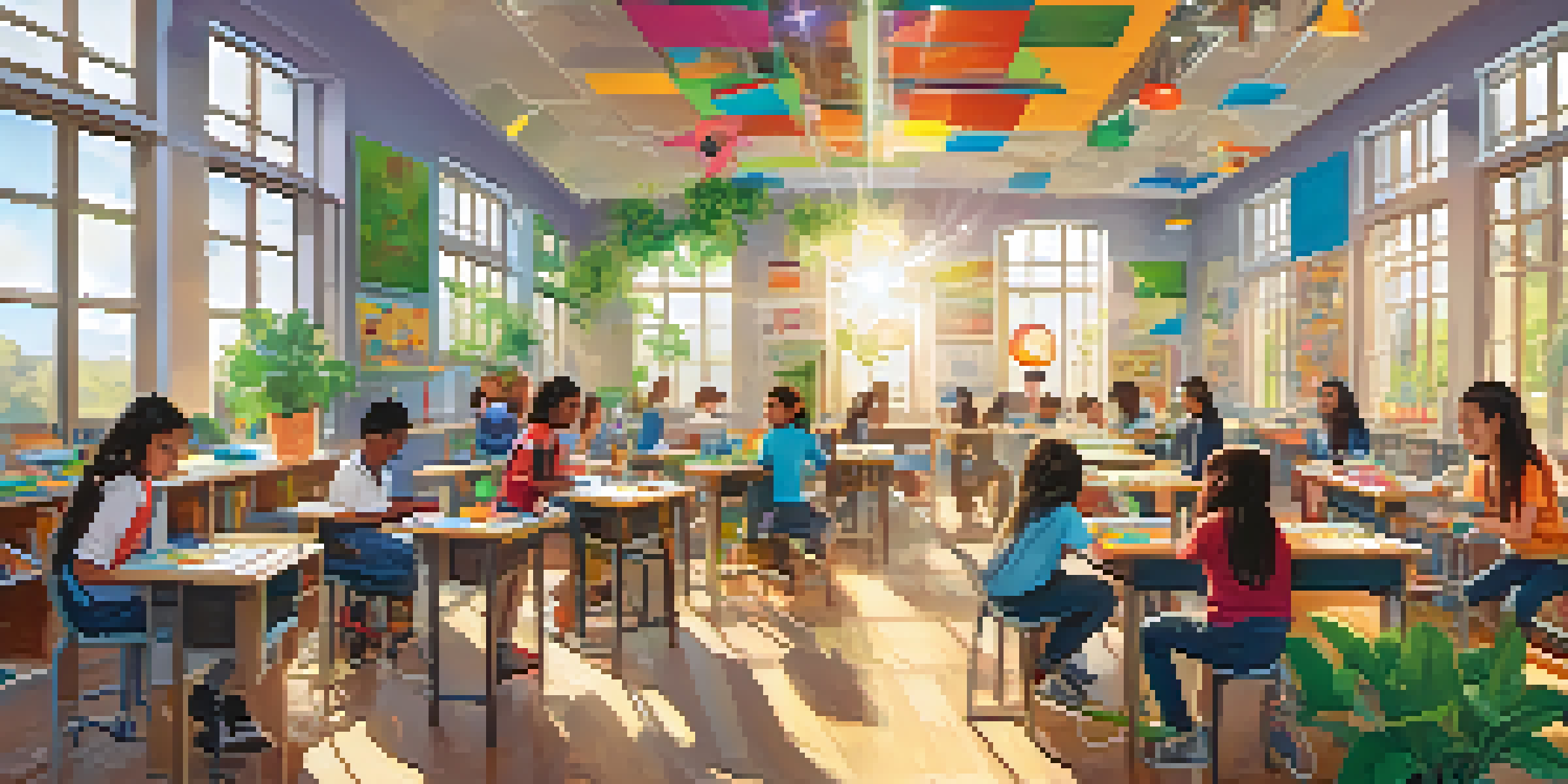 A classroom filled with diverse students working together on a STEM project, with sunlight streaming in and educational materials around.