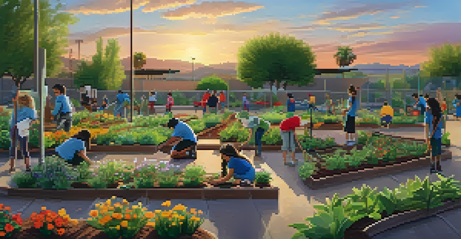 Students working together in a vibrant school garden in Tucson, planting flowers and plants during sunset.