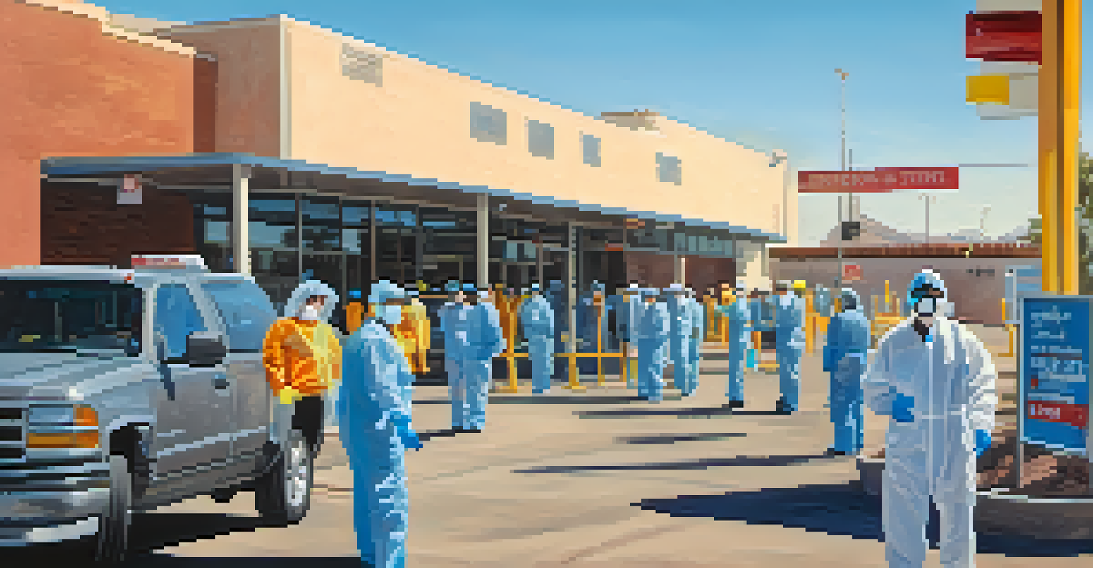 A modern drive-thru COVID-19 testing site in Tucson with health professionals and cars lined up.