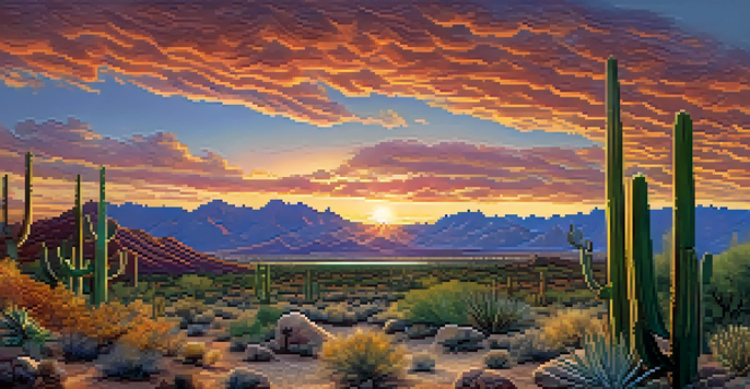 A panoramic view of Tucson's landscape with the Santa Cruz River and mountains, featuring cacti and vibrant sunset colors.