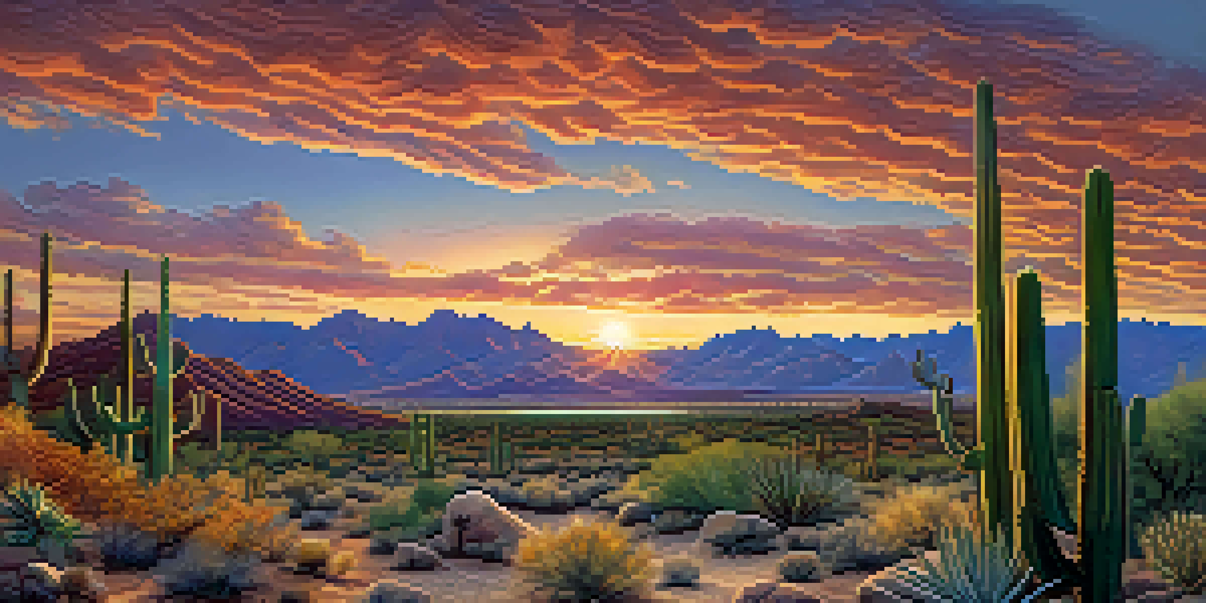 A panoramic view of Tucson's landscape with the Santa Cruz River and mountains, featuring cacti and vibrant sunset colors.