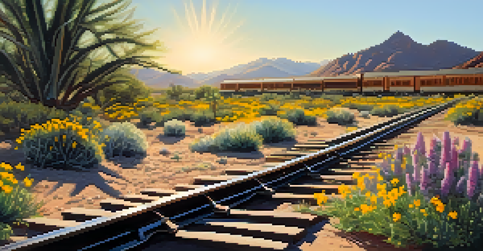 A close-up of vintage railroad tracks surrounded by wildflowers and desert plants, illuminated by sunlight.