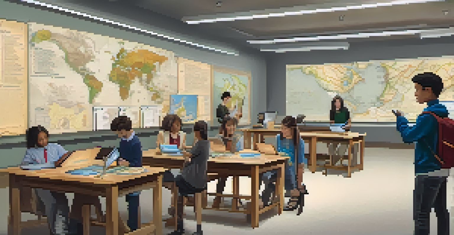 Students using tablets in a classroom setting to explore virtual museums during a history lesson.