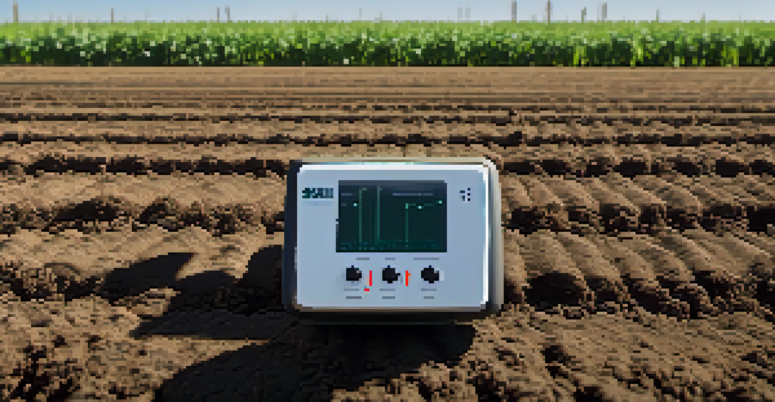 A close-up of soil monitoring sensors in a field, with healthy crops and rich soil textures in the background.