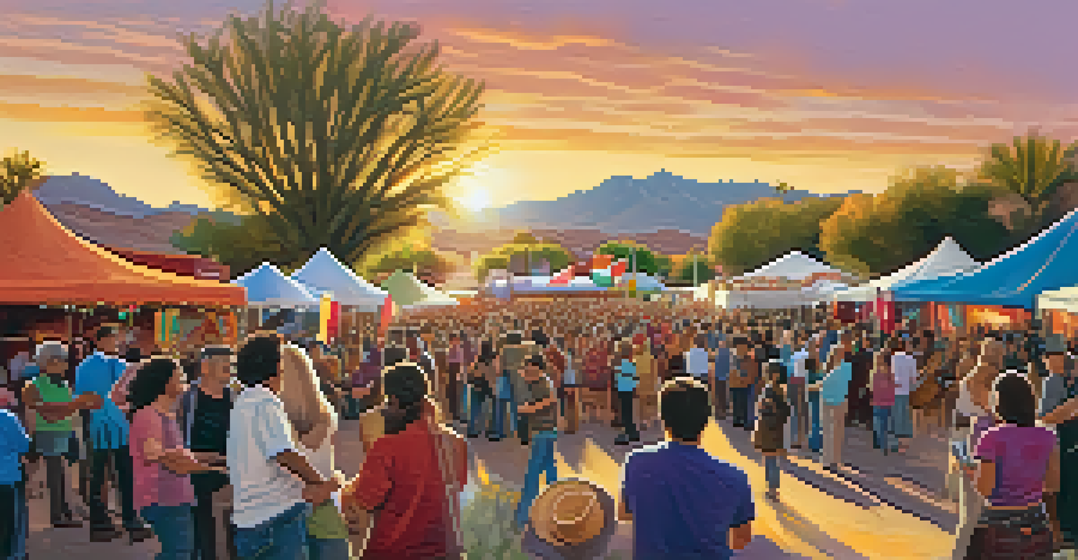 A vibrant outdoor music festival in Tucson with a diverse crowd enjoying live performances under a warm sunset.