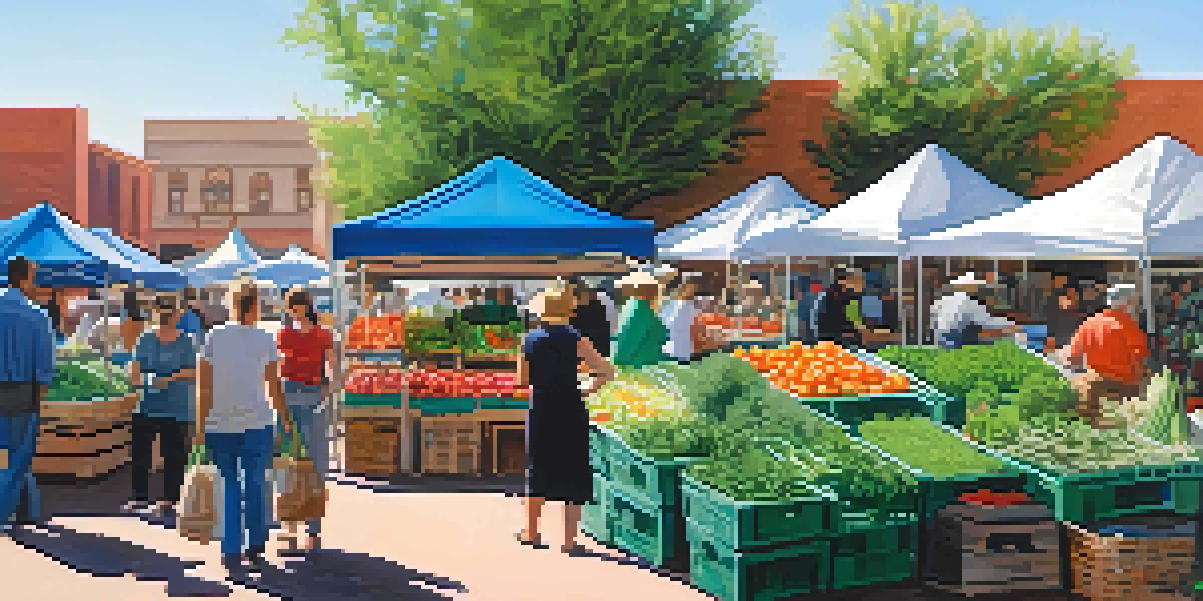A bustling farmers' market filled with fresh greens and herbs under a clear blue sky, with shoppers choosing vibrant produce.