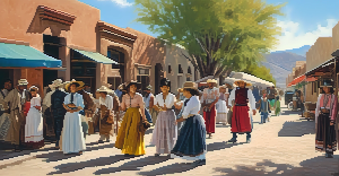 A lively street scene in Tucson during the Spanish-American War, featuring diverse townspeople in traditional clothing, local markets, and historical buildings under warm sunlight.