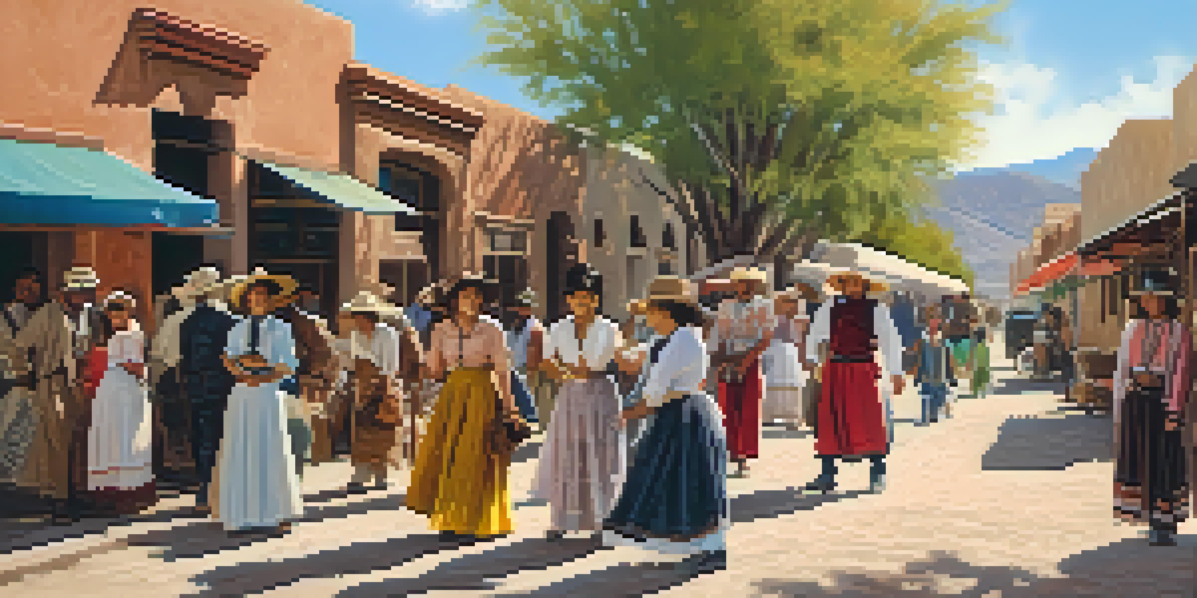 A lively street scene in Tucson during the Spanish-American War, featuring diverse townspeople in traditional clothing, local markets, and historical buildings under warm sunlight.