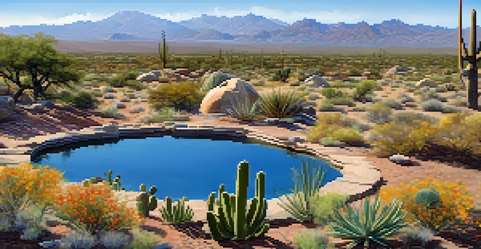 A wide view of Tucson's geothermal landscape with volcanic rocks, hot springs, and desert vegetation under a blue sky.