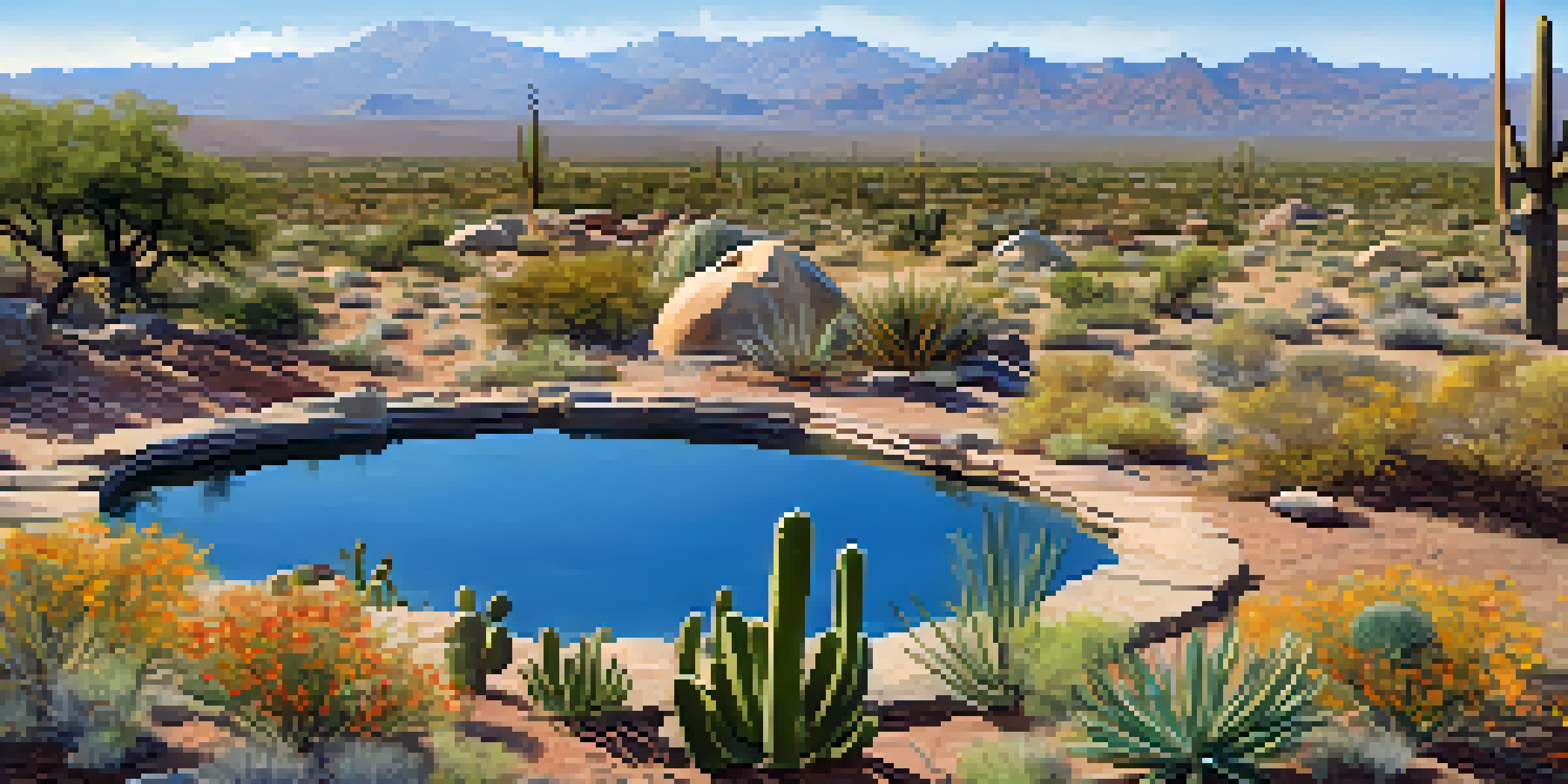 A wide view of Tucson's geothermal landscape with volcanic rocks, hot springs, and desert vegetation under a blue sky.