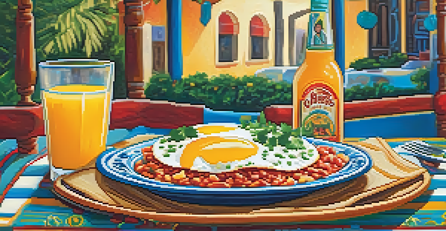 An inviting breakfast table featuring huevos rancheros with sunny-side-up eggs, tortillas, and salsa in a colorful Mexican café setting.