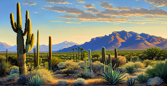 A scenic view of Tucson, Arizona, with mountains and saguaro cacti under a clear sky.