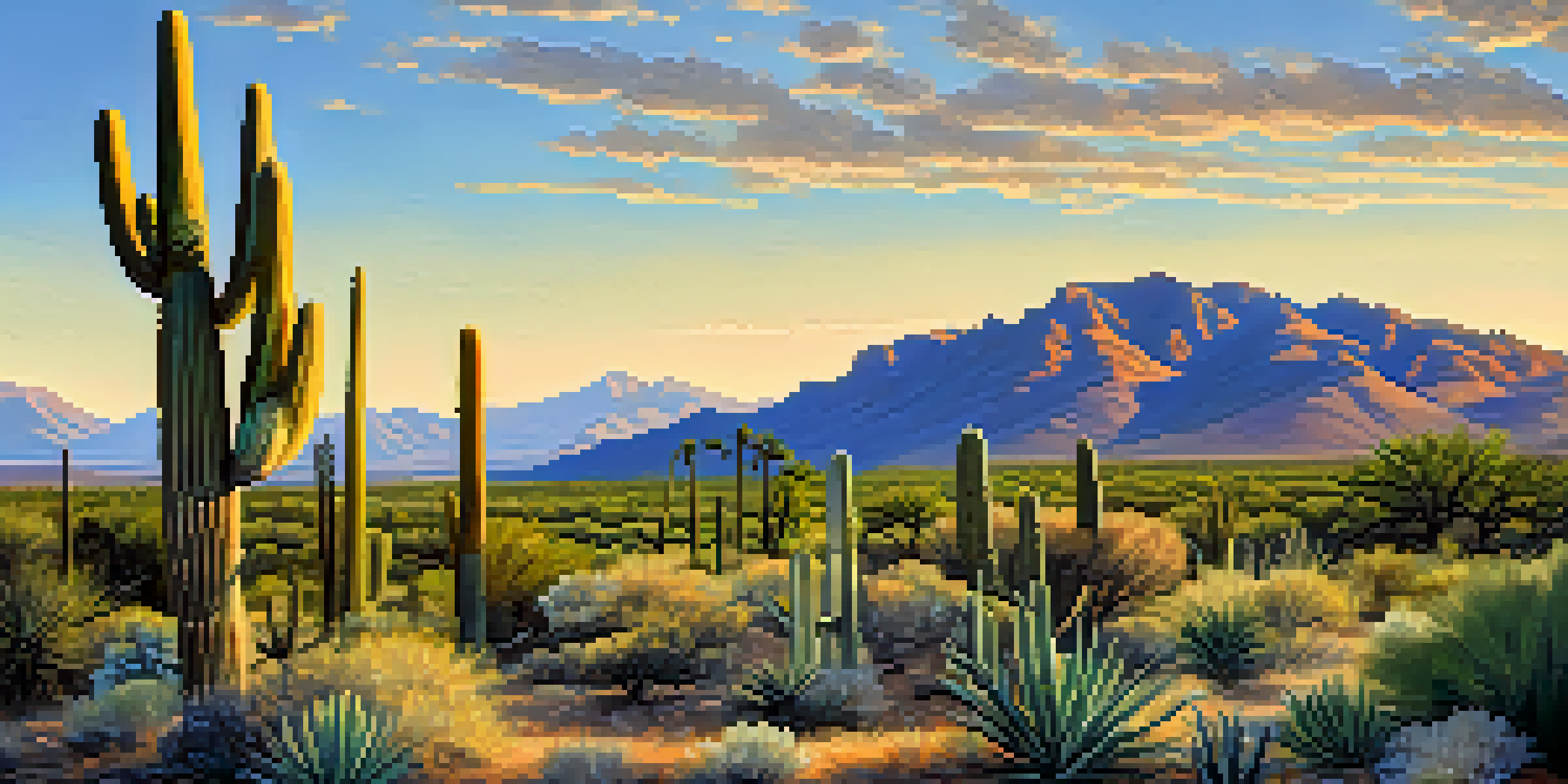 A scenic view of Tucson, Arizona, with mountains and saguaro cacti under a clear sky.