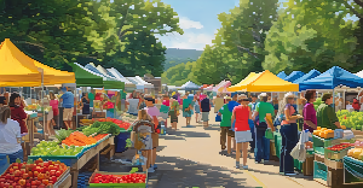 A lively farmers' market on the Julian Wash Greenway, with colorful stalls and a diverse group of people enjoying the event.