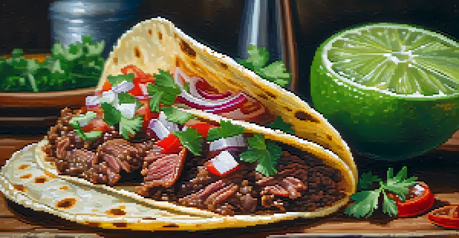 A close-up of a carne asada taco with fresh toppings on a wooden table.