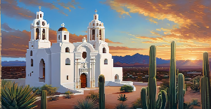A picturesque sunset view of San Xavier del Bac mission, highlighting its white architecture surrounded by the desert landscape.