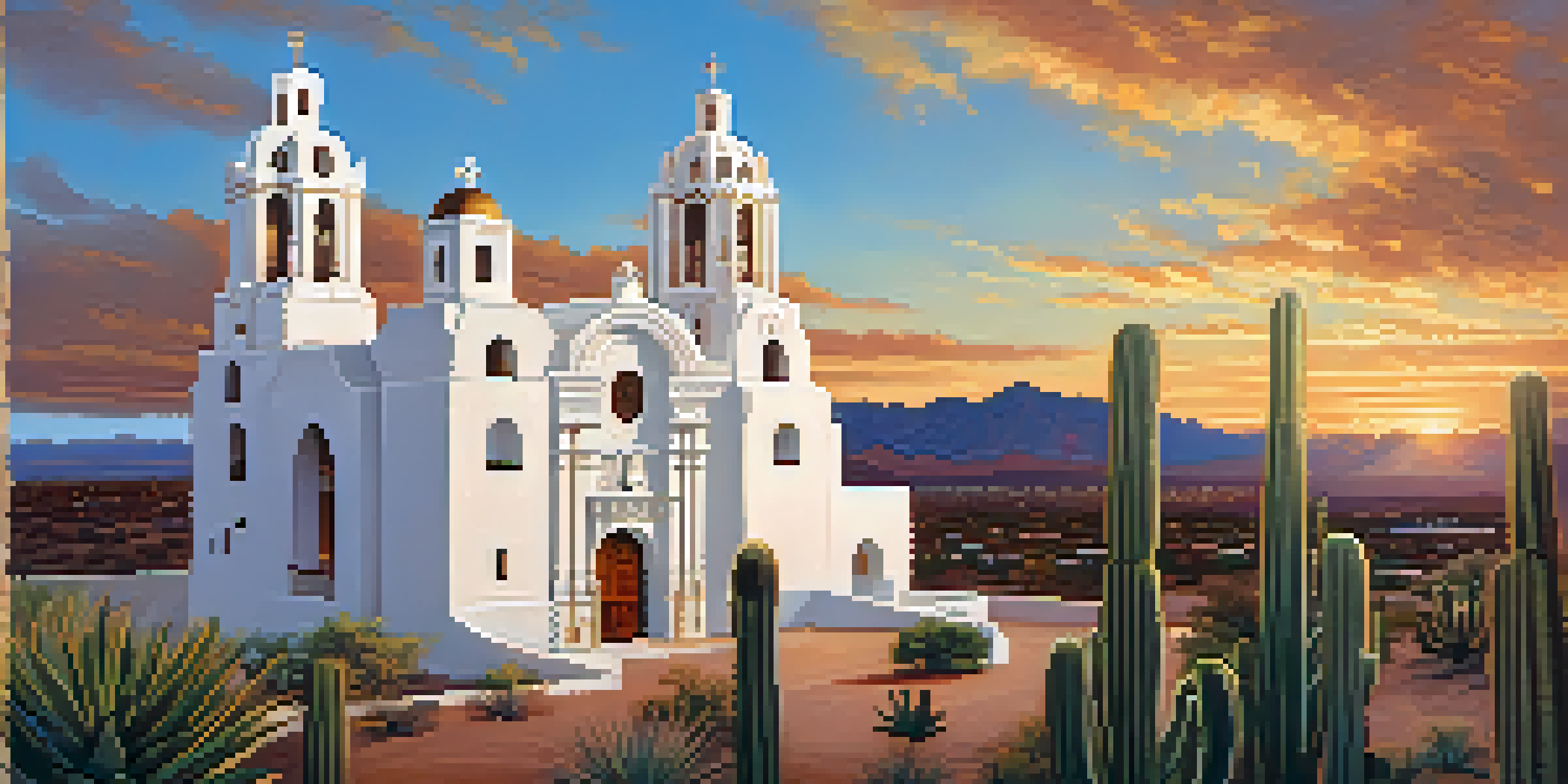 A picturesque sunset view of San Xavier del Bac mission, highlighting its white architecture surrounded by the desert landscape.