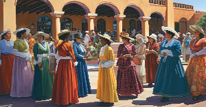 A diverse group of women dressed in historical attire gathered in a sunny plaza in Tucson, discussing women's rights.