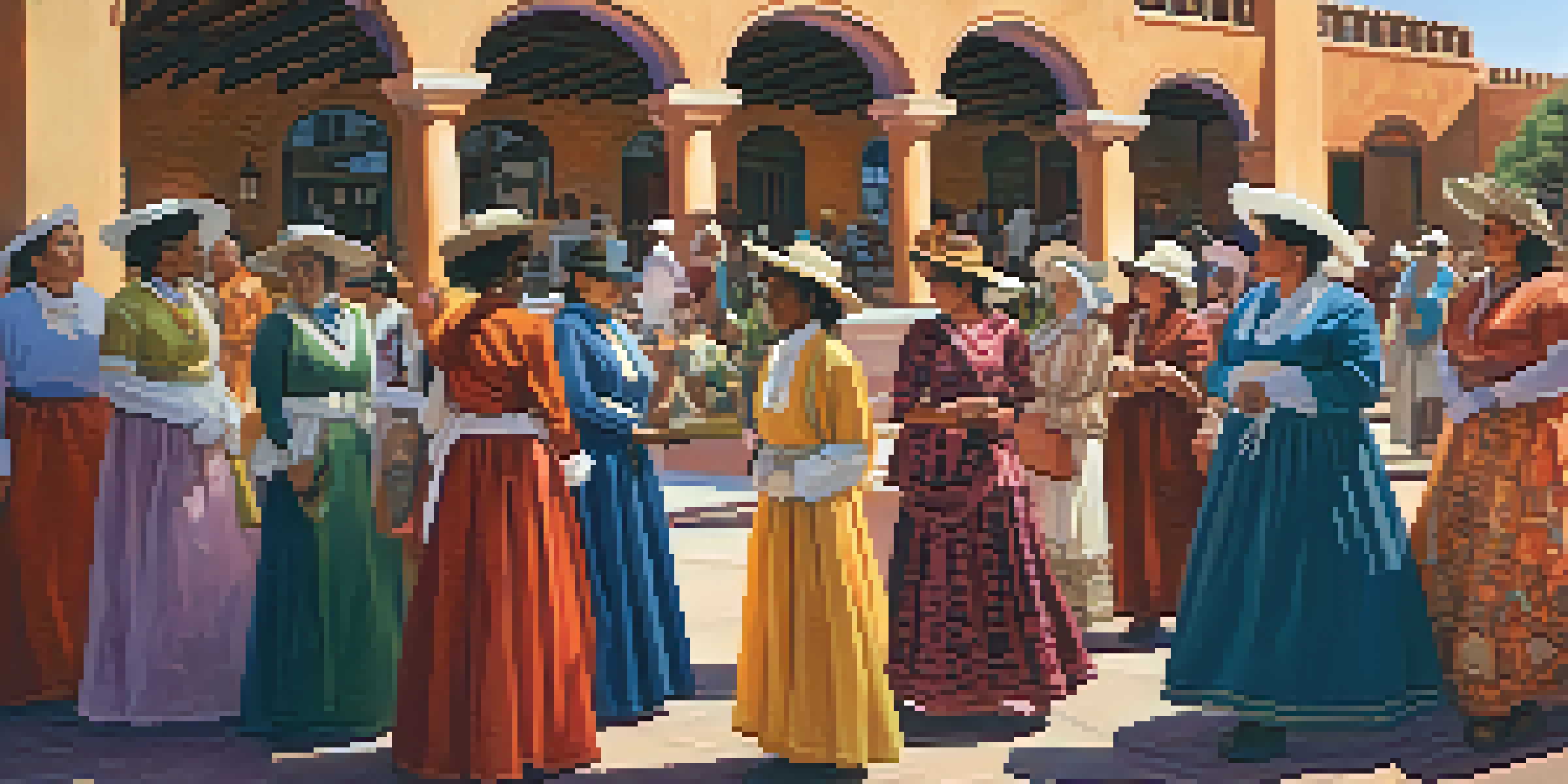 A diverse group of women dressed in historical attire gathered in a sunny plaza in Tucson, discussing women's rights.