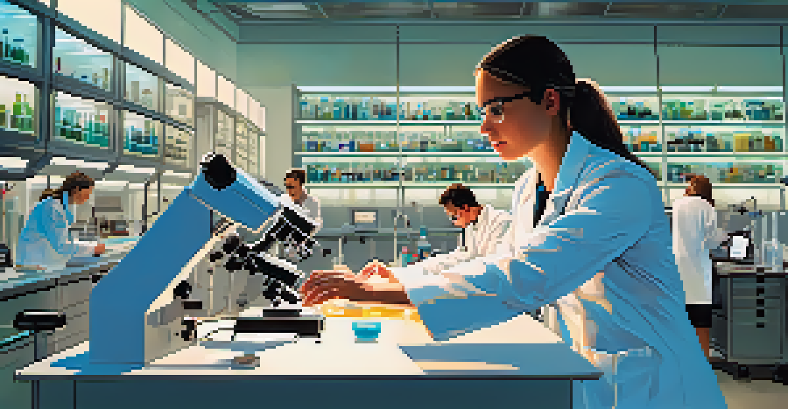 Students in a high-tech laboratory conducting experiments with advanced scientific equipment, including a microscope and computers.