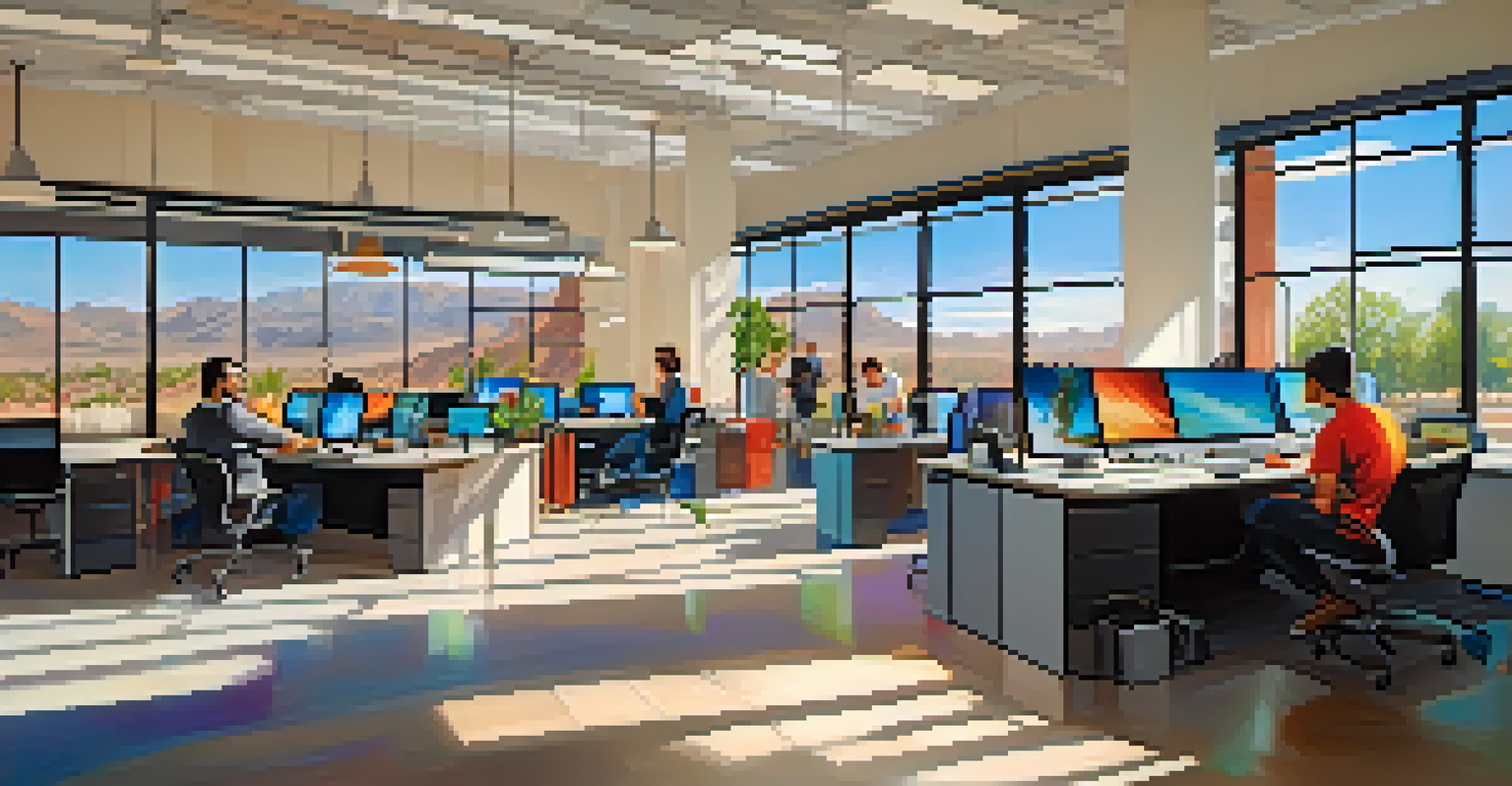 An energetic tech startup office in Tucson with colorful murals and people collaborating on ideas, illuminated by sunlight.