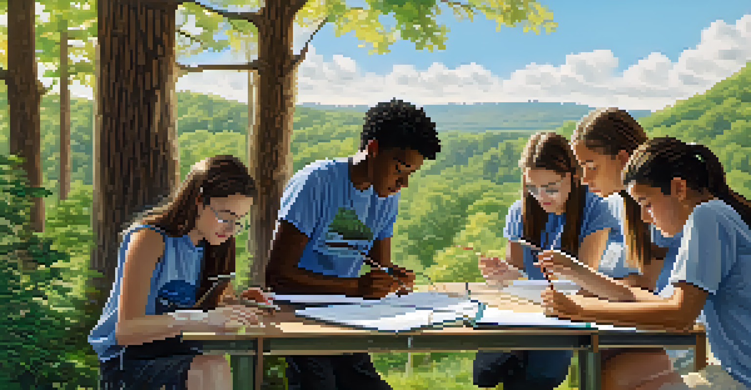 High school students conducting a science experiment outdoors, surrounded by nature, showcasing hands-on experiential learning.