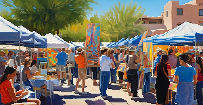 An outdoor art festival in Tucson featuring women artists and colorful artworks, with attendees and a desert backdrop.