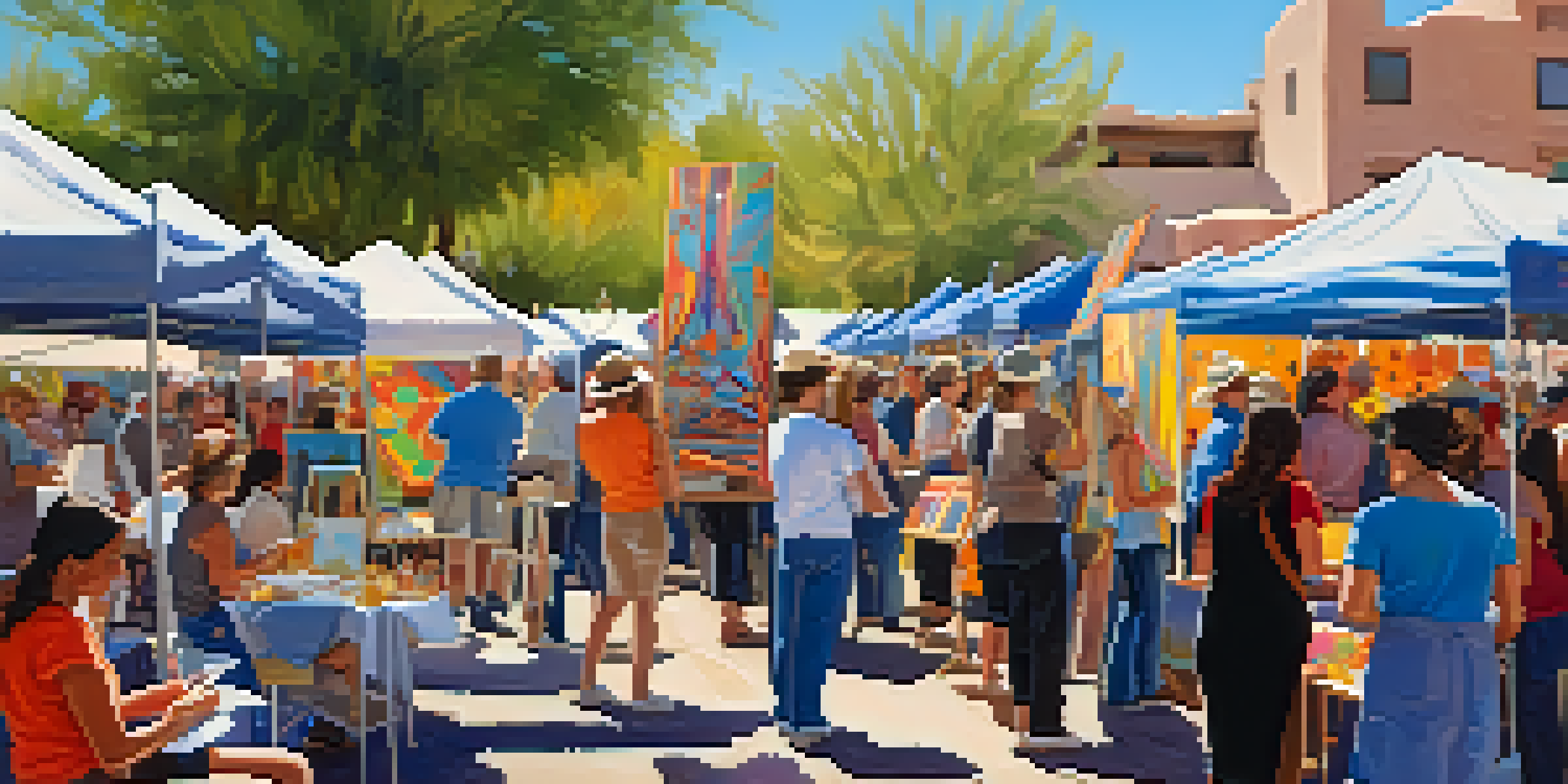 An outdoor art festival in Tucson featuring women artists and colorful artworks, with attendees and a desert backdrop.