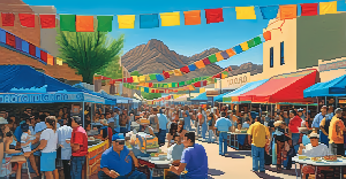 A lively street festival in Tucson with colorful food stalls, people enjoying tacos, and festive decorations under a clear blue sky.