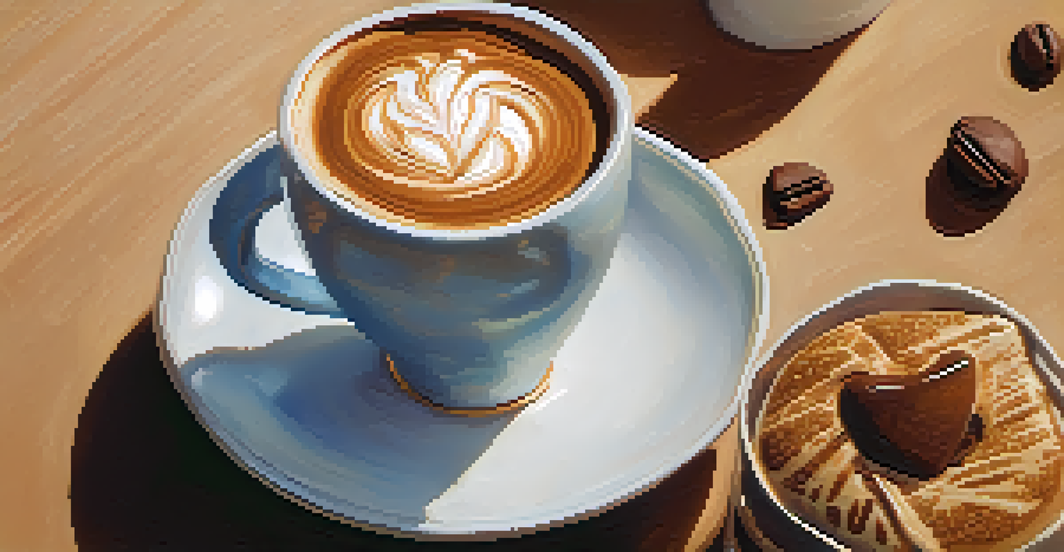 Close-up of a mesquite-infused mocha coffee in a handmade cup, topped with foam art and accompanied by local pastries.