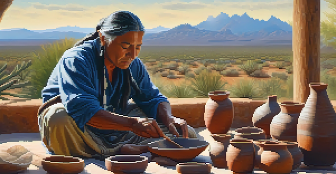 A Native American artisan hand-coiling pottery with natural materials in a sunlit studio, showcasing intricate designs and a connection to heritage.