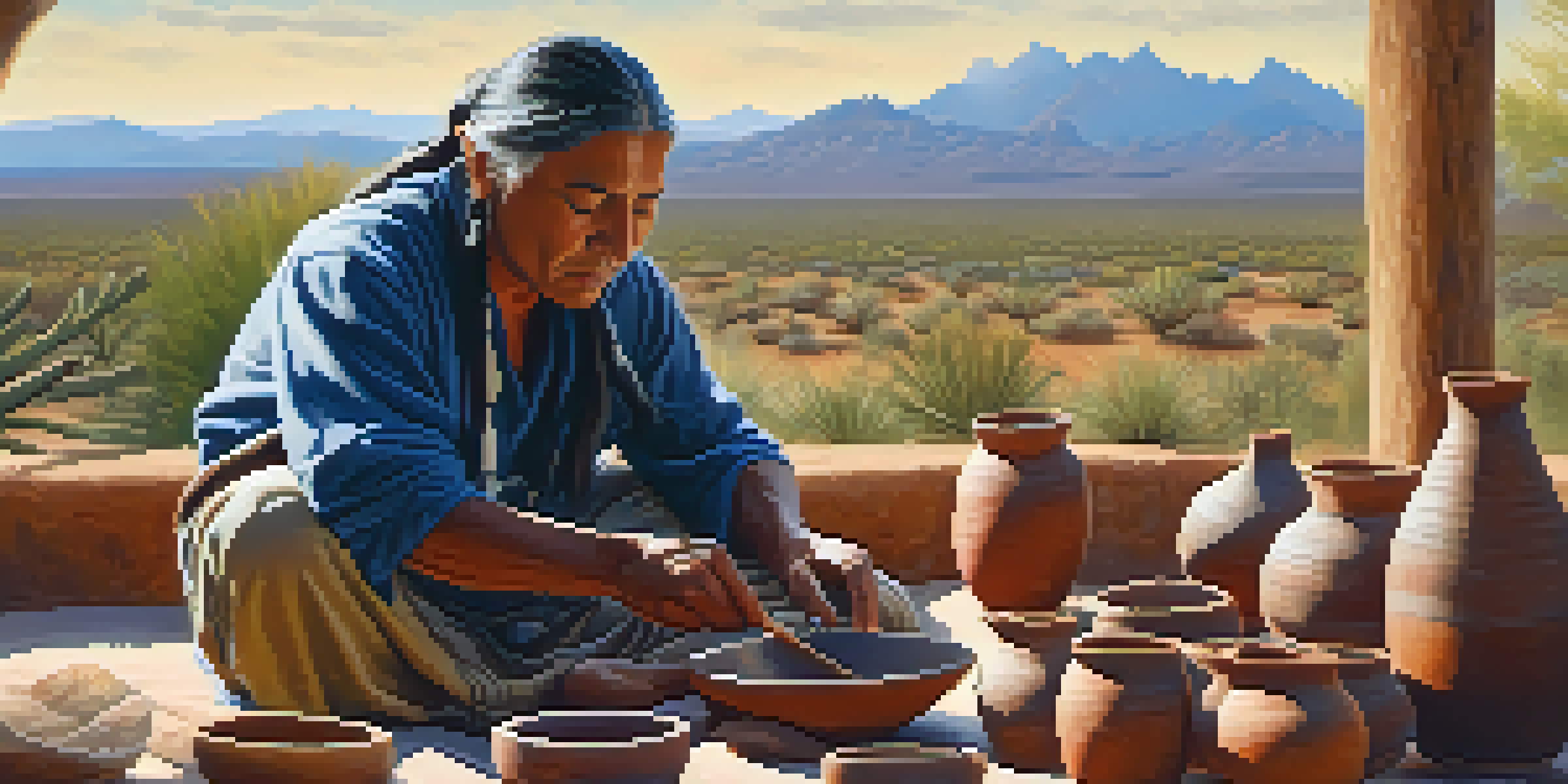 A Native American artisan hand-coiling pottery with natural materials in a sunlit studio, showcasing intricate designs and a connection to heritage.