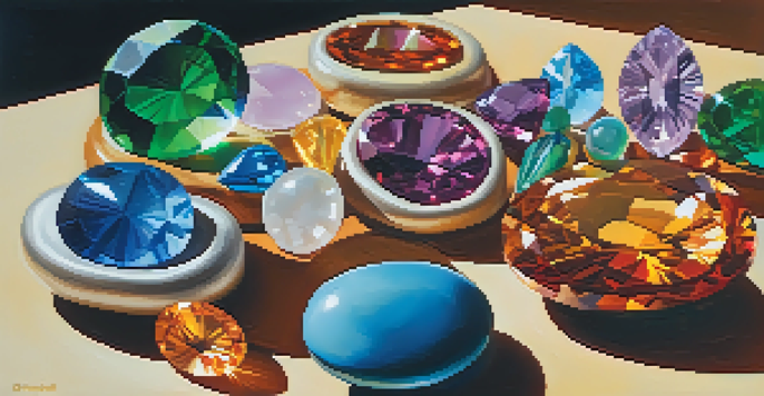 A bustling gem and mineral show with colorful gemstones on display, attendees admiring the exhibits, and sunlight streaming through windows.