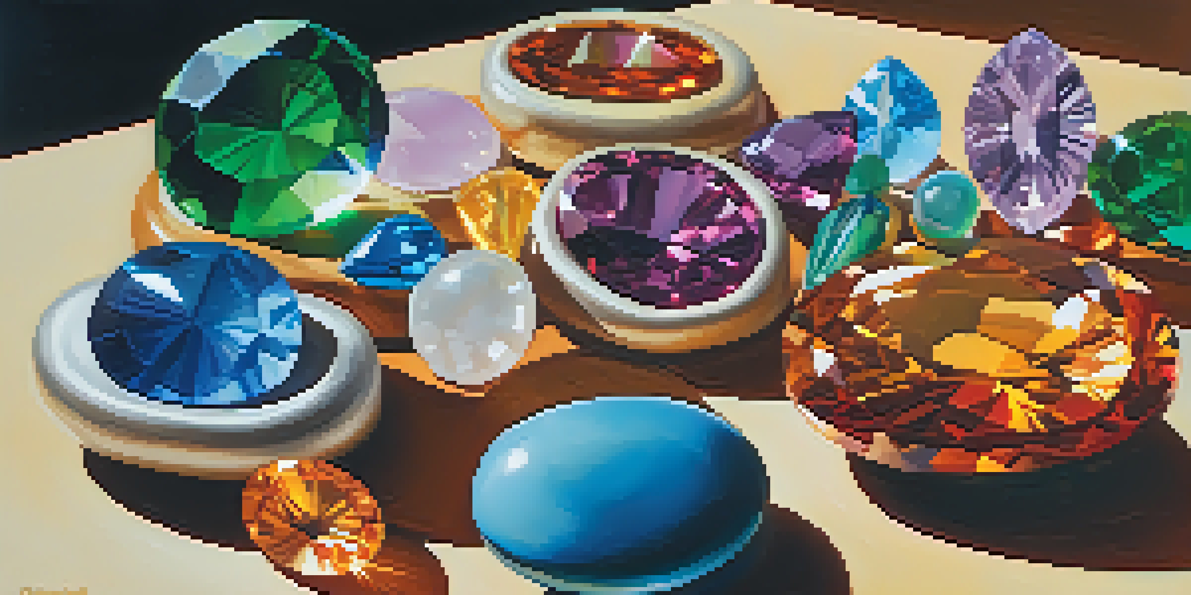 A bustling gem and mineral show with colorful gemstones on display, attendees admiring the exhibits, and sunlight streaming through windows.