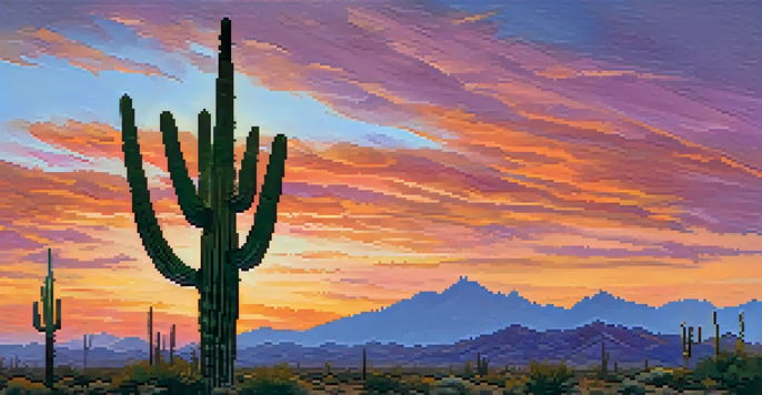 A sunset view of the Sonoran Desert with Saguaro cacti silhouetted against a colorful sky.