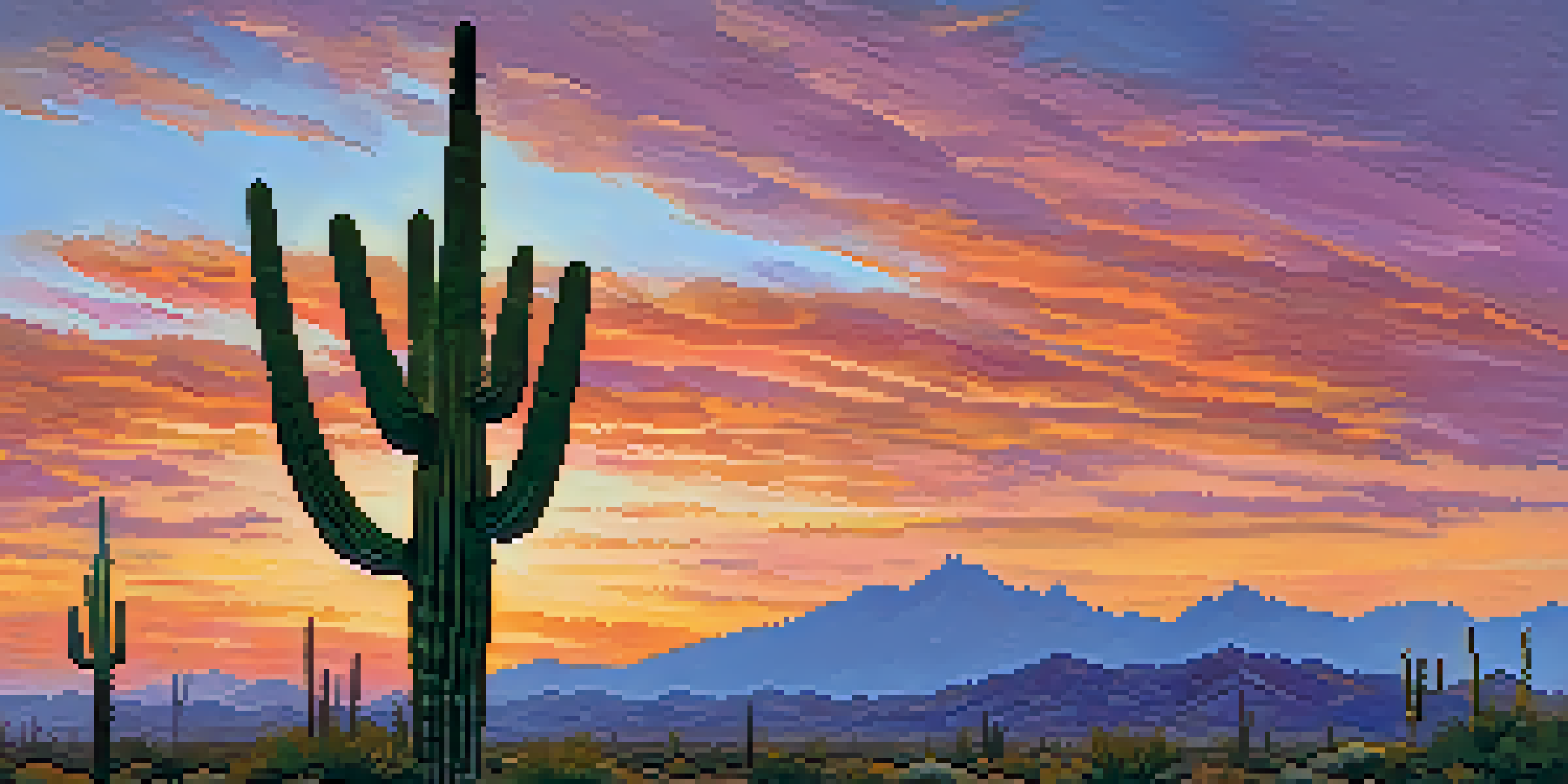 A sunset view of the Sonoran Desert with Saguaro cacti silhouetted against a colorful sky.