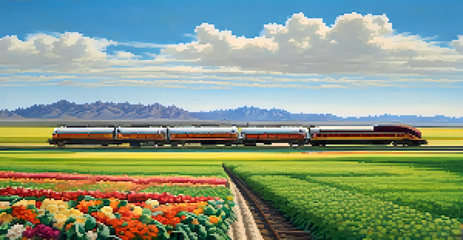A scenic view of Tucson's agricultural fields with a train carrying fresh produce under a blue sky.