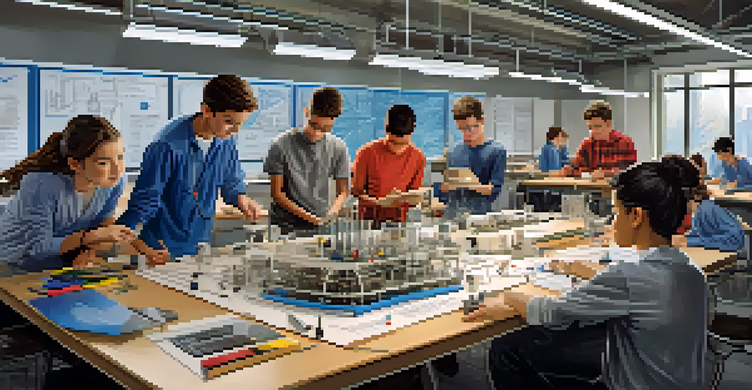 A diverse group of students working together on an engineering project in a bright lab.