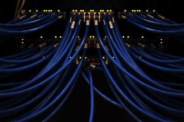Blue network cables connected to backup infrastructure