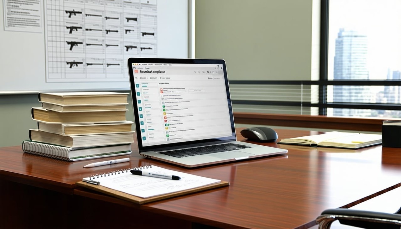 A well-organized office environment featuring a large wooden desk with a laptop open to a compliance software interface for firearms recordkeeping. On