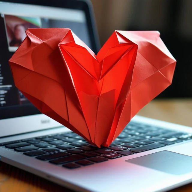 Red origami heart resting on a MacBook keyboard