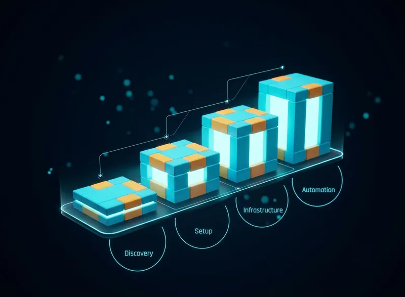AWS cloud migration 4-phase progression: Discovery, Setup, Infrastructure, and Automation shown as stacked 3D building blocks increasing in height with connecting lines, representing gradual infrastructure growth from initial assessment to automated deployment.